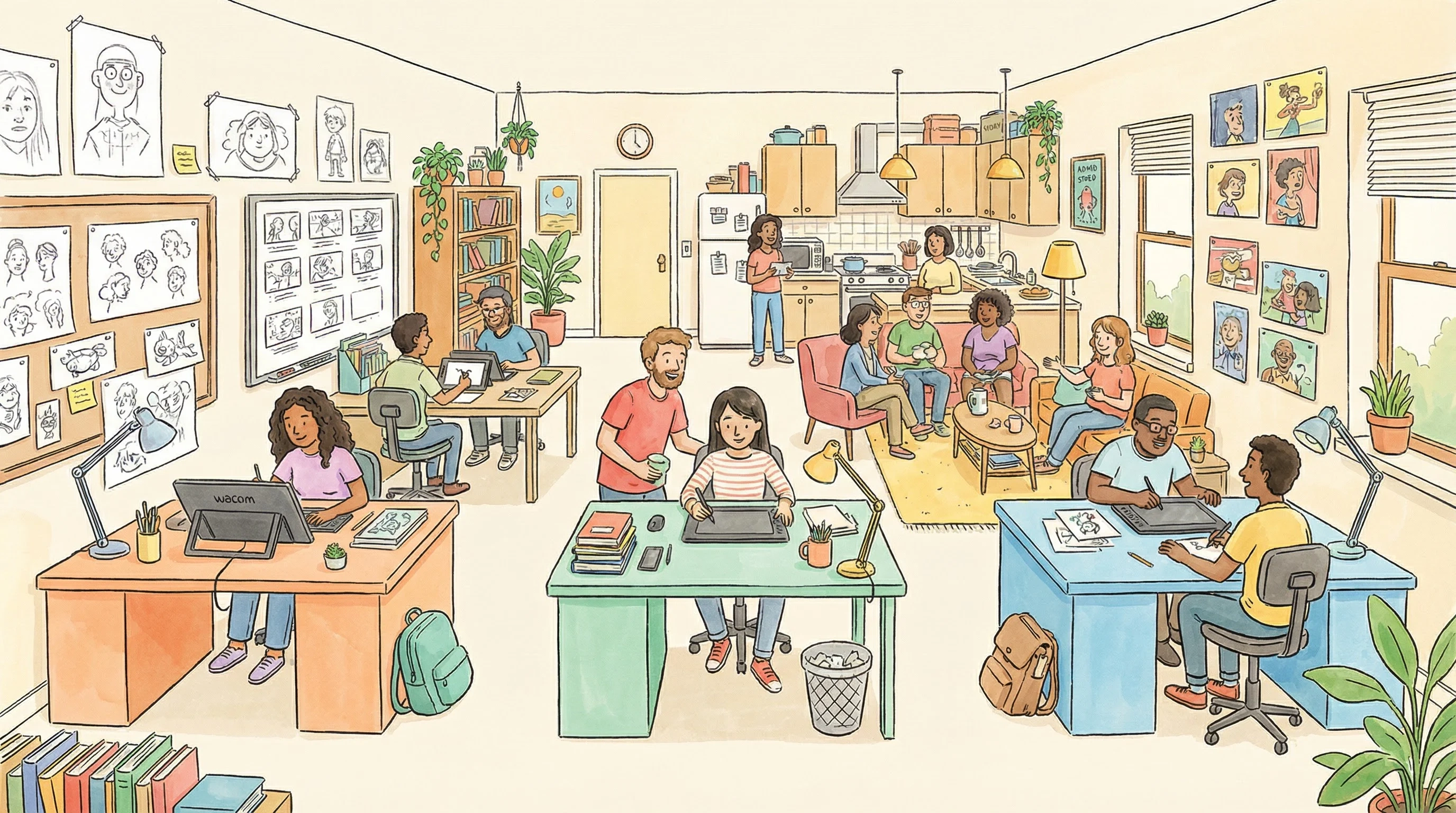 韩国女主播动画师社区工作空间插画 - 动画创作者协作交流场景